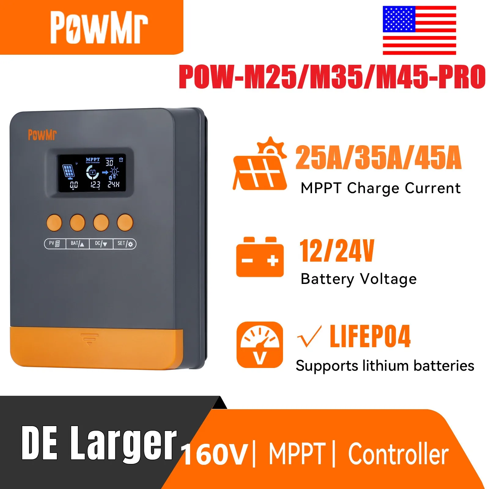 

PowMr 25A/35A/45A MPPT контроллер заряда солнечной батареи для 12 В/24 В литиевой батареи ЖК-регулятор 100 В постоянного тока Солнечная панель двойной USB-контроллер