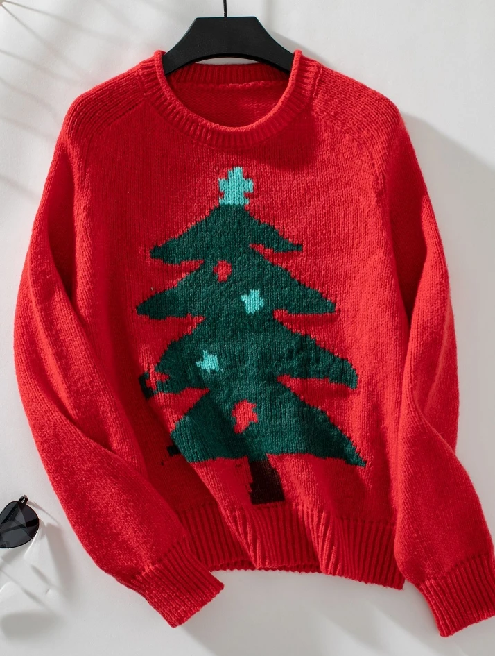 Maglione alla moda da strada da donna 2025 Autunno Inverno Ultimo pullover con albero di Natale Girocollo Maglione lavorato a maglia per le vacanze Top a maniche lunghe