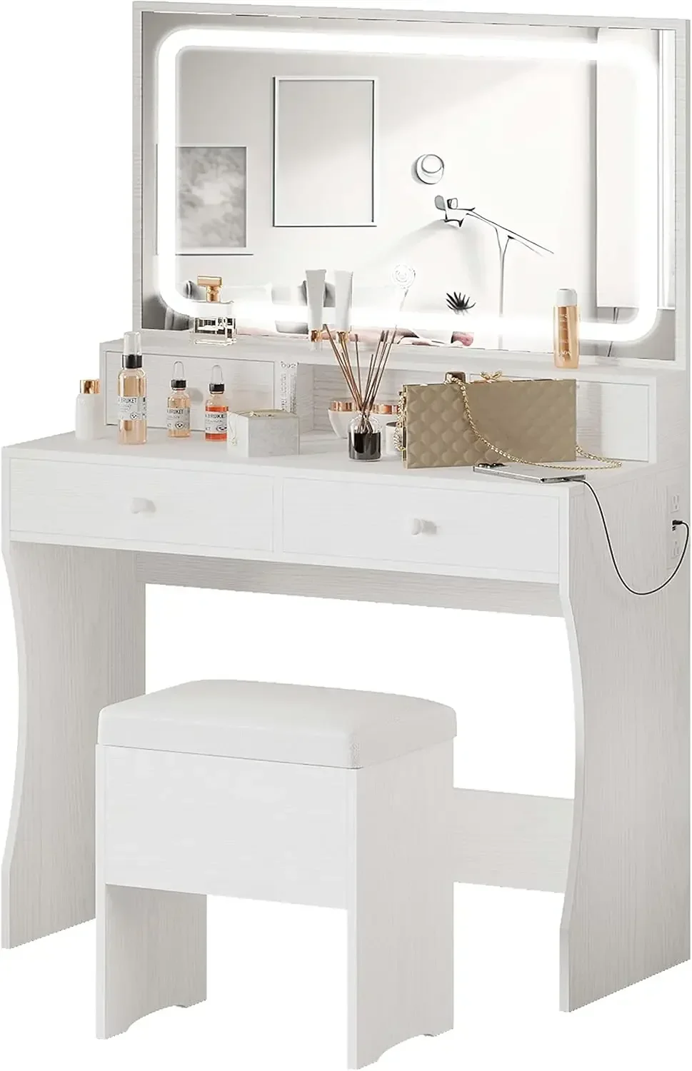 

Vanity Desk with LED Lighted Mirror & Power Outlet, Makeup Vanities Table with 4 Drawers,Storage Bench,for Bedroom White NEW