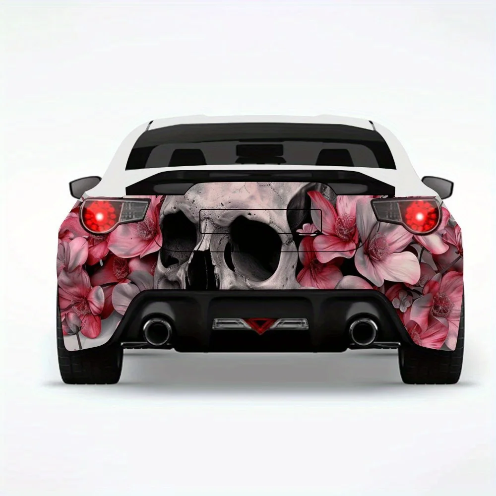

Skull & Pink Flower Art Car StickerVinyl Decal for Car Rear, Waterproof Self-Adhesive Vinyl Stickers for Vehicle Tail & Bumper,