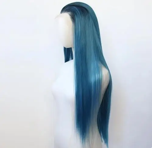 Black Ombre Blue Synthetic Lace Front Wig Long Straight Synthetic Wig Pre Plucked Heat Resistant Hair Wig