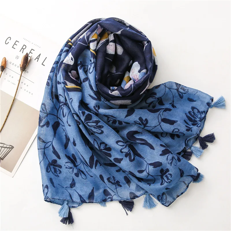 Designer scarf scarf autumn women's brand scarves in blue long art flowers patchwork muslin hijab 180 x 90 cm