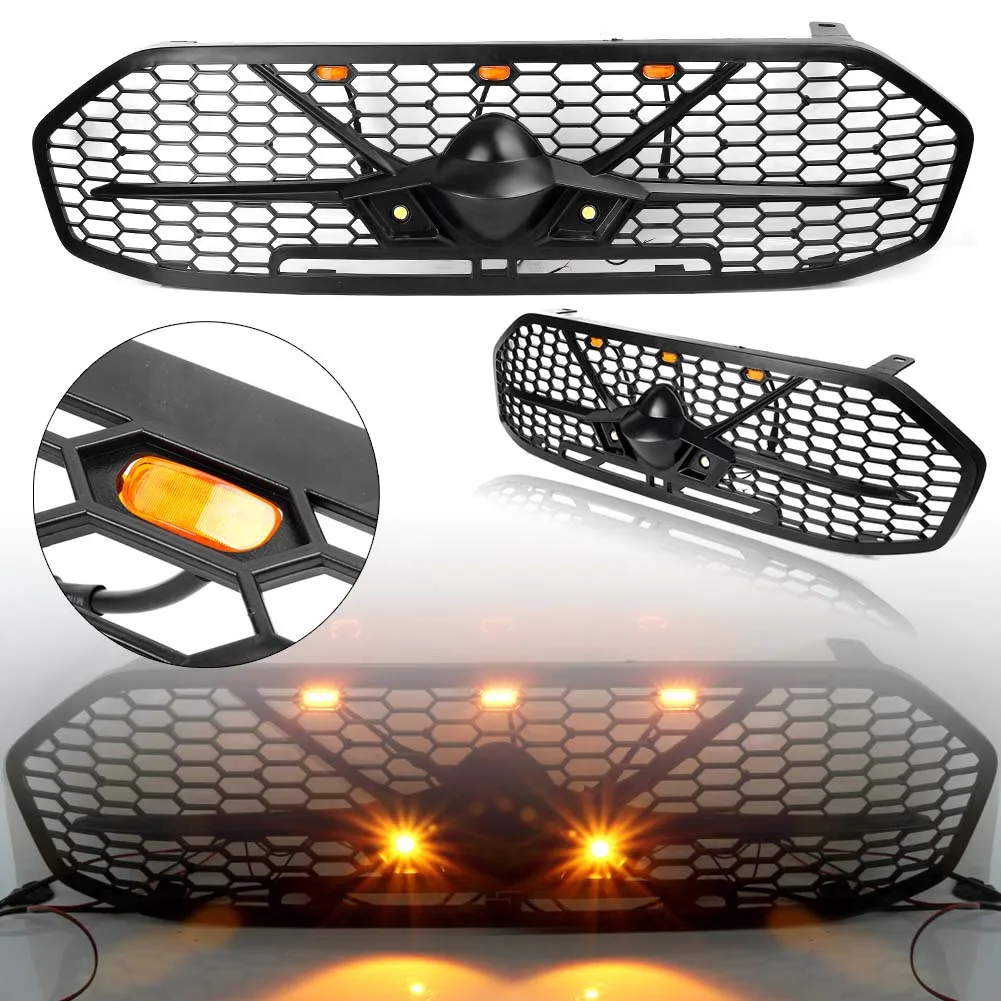 Black ABS Car Front Radiator Mesh Grille Exterior Moulding Grill w/ LED Amber Lights For Ford Everest 2015 2016 2017