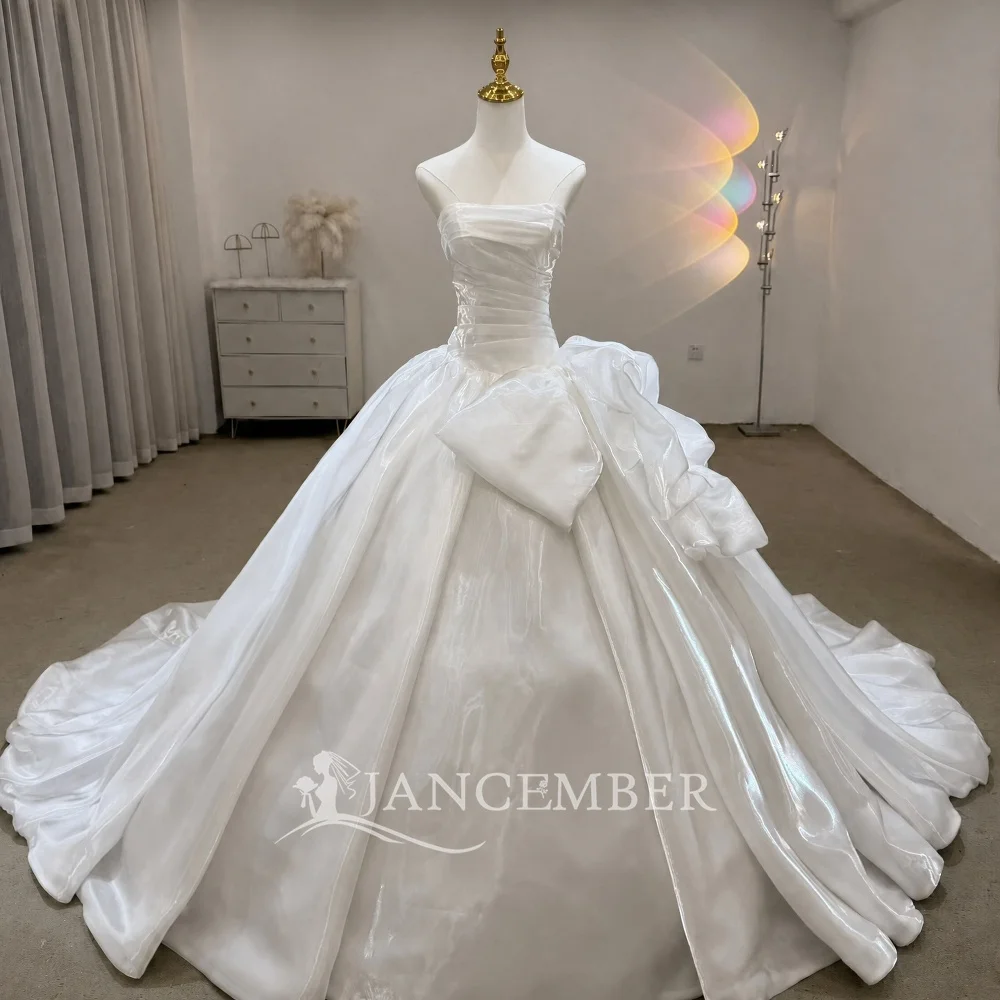 Opulent Wedding Dress White Satin Ball Gown Customized Strapless Ruched Lace Appliques Chapel Train vestidos de novia boda
