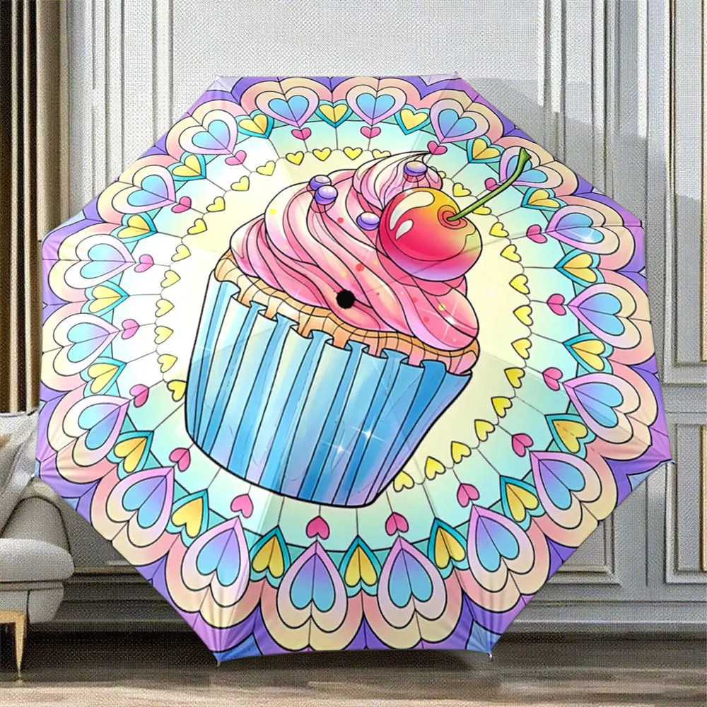 1pc Automatic Cupcake & Cherry Umbrella - Automatic Open/Close, Portable Collapsible Design with Cupcake & Cherry Top, Pastel