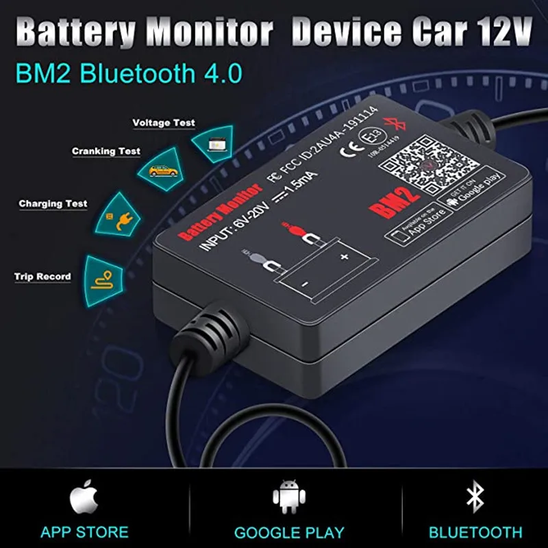 QUICKLYNKS BM2 12V Battery Monitor Car Battery Charging Cranking Test Mobile APP Monitor Battery Diagnostic Tool for Android IOS