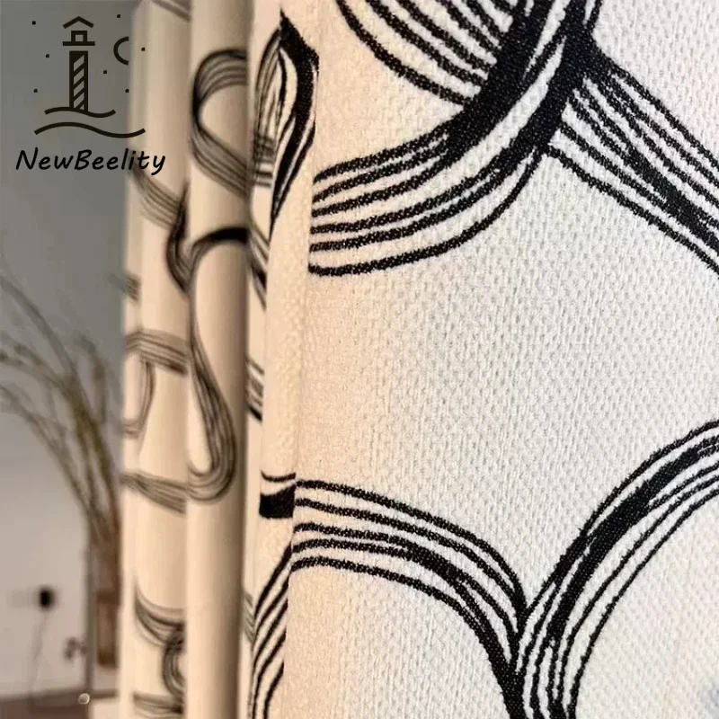 

Modern Fashion Abstract Art Curve Striped Chenille Black White Jacquard Luxury Curtains for Living Room Bedroom Dining Blackout