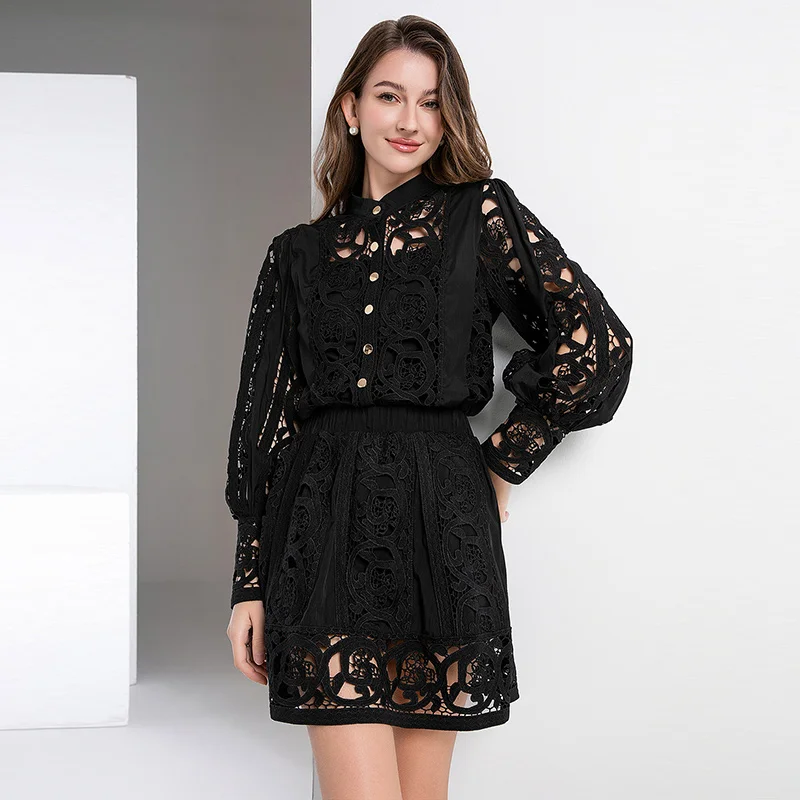 

Retro Court Heavy Embroidery Long Sve Hollow out Slimming f-length ort Skirt Elegance Two-piece Set Faionable Women...