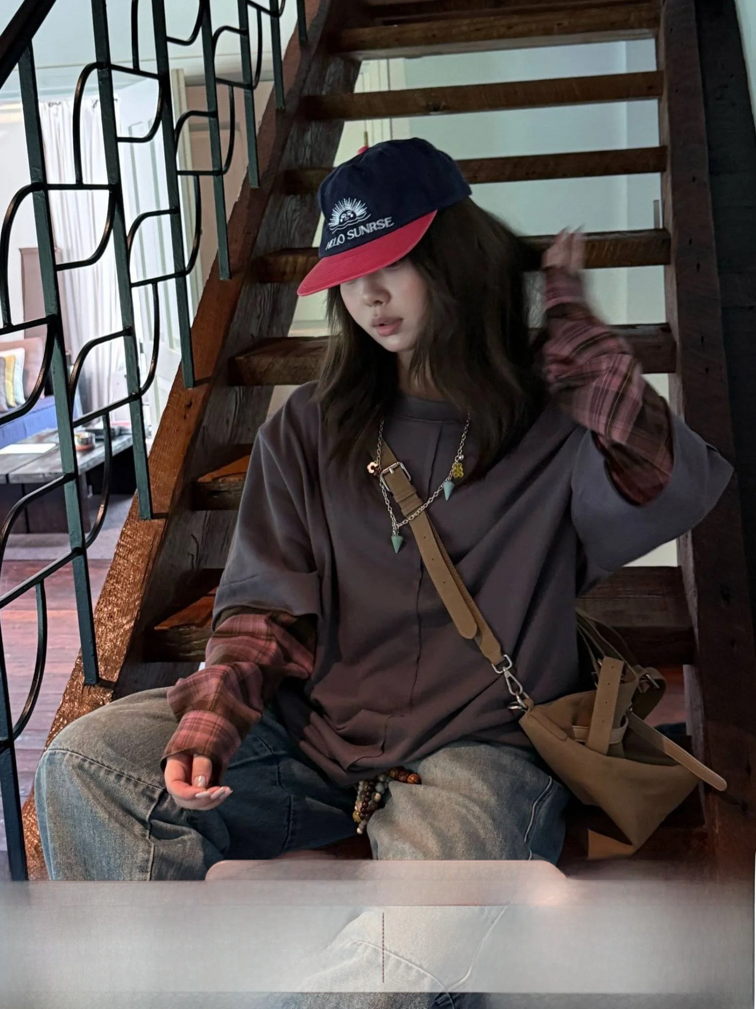 JINGU Plaid Long Sve Hoodie Early Autumn Korean Sle Small ence Fake Two-Piece Patchwork id Long Sve Sweatirt