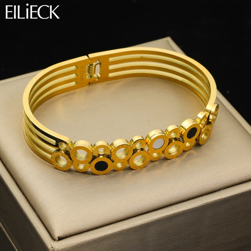 EILIECK 316L Stainless Steel Roman numerals Bangles Bracelet For Women Girl Fashion Gold Color High Quality Waterproof Jewelry