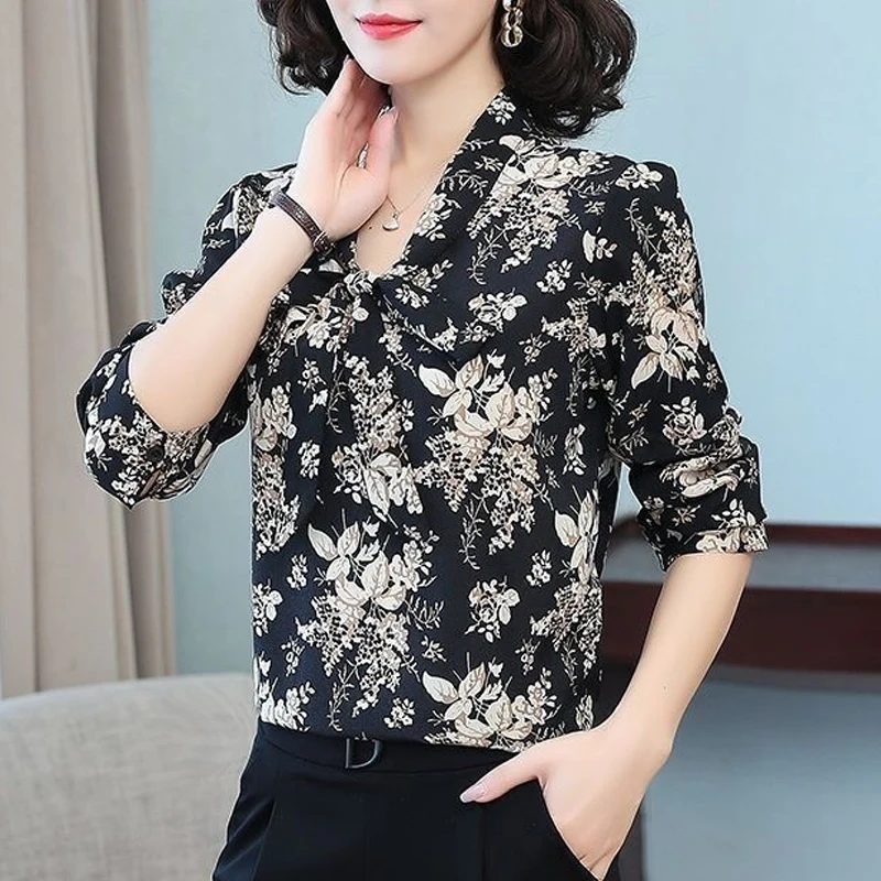 Women V Neck Bow Lace Up Elegant Button Shirts Spring Autumn Fashion Vintage Floral Print Blouses Office Lady Long Sleeve Blusa