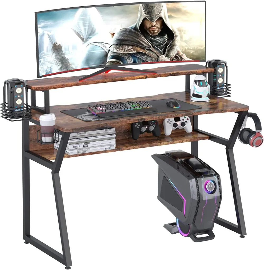 Gaming Desk, Computer Desk with Large Monitor Stand and Open Shelf, PC Laptop Gamer Table Workstation with Cup Holder