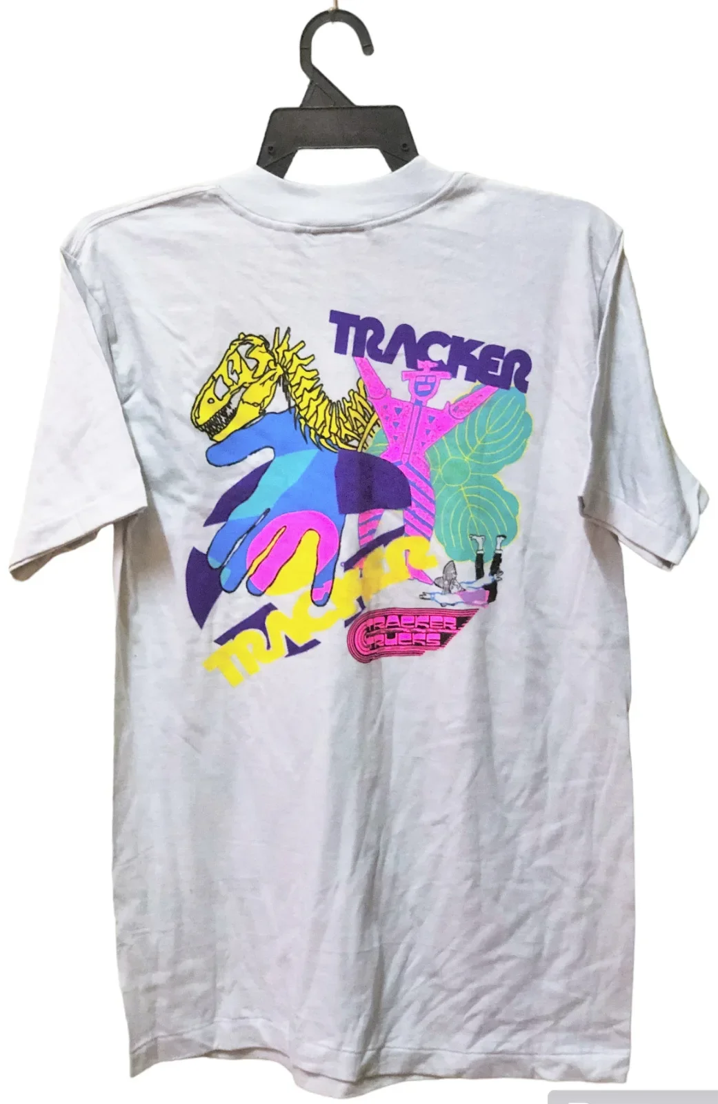 VINTAGE TRACKER TRUCKS SKATEBOARD T-SHIRT LESTER KASAI DAN WILKES MULTIPRINT