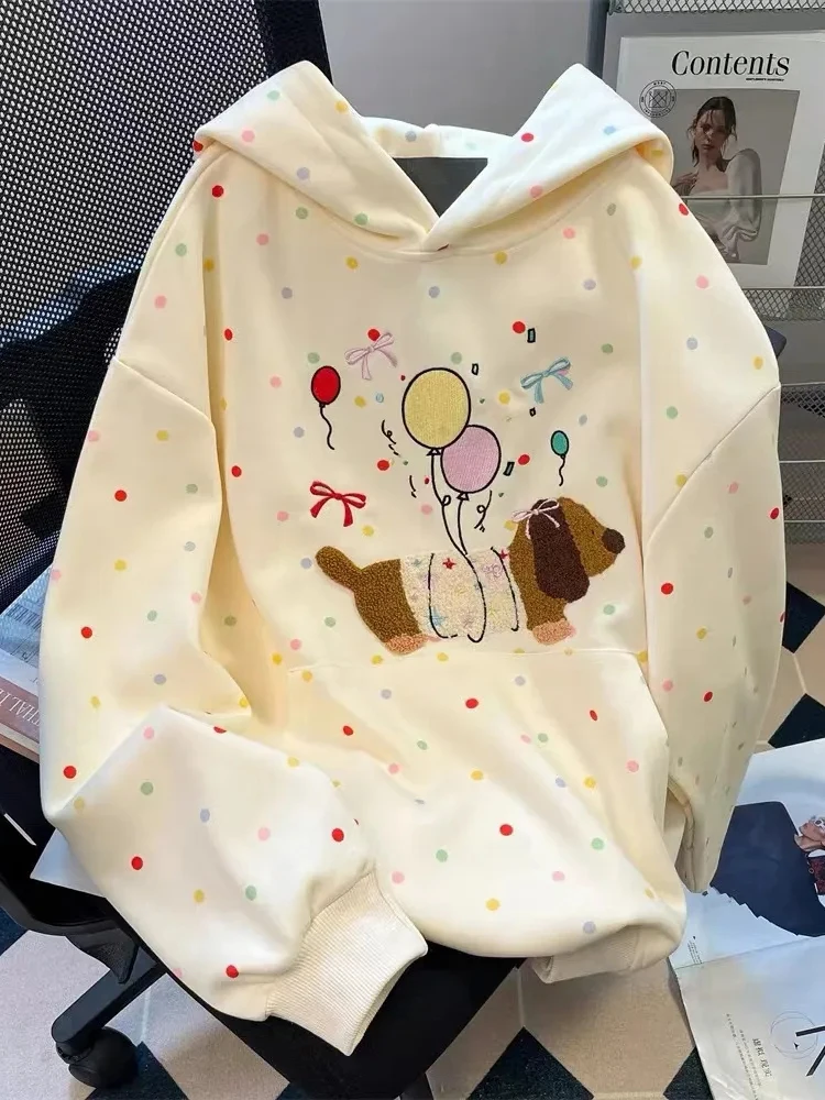 Korean Sweet Cartoon Cute Hoodies Women Loose Embroidery Sweatshirts Preppy Style Fall Winter Fashion Female Kawaii Japan Tops