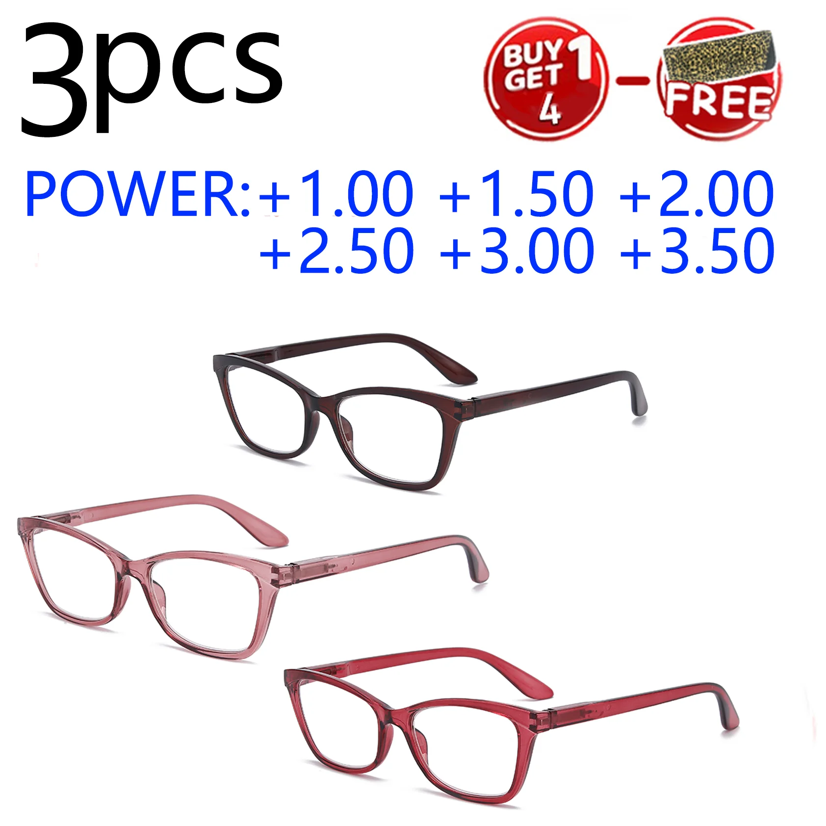 3 Stück einfarbige High-Definition-Lesebrillen, Federscharniere, minimalistisches Design, Leistung: 1,00 – 4,00