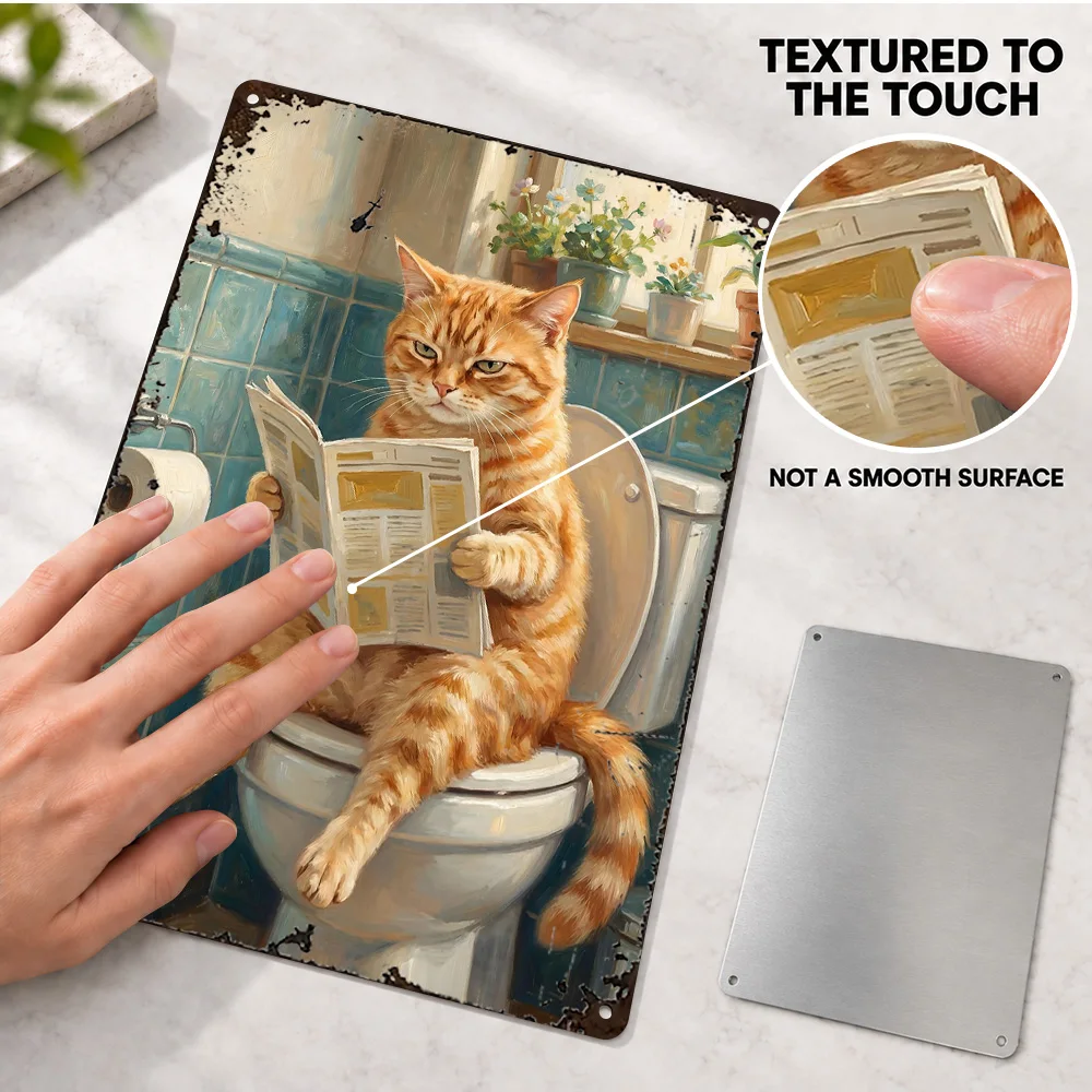 Cat Reading Newspaper On Toilet Textured Metal Poster Humorous Wall Art For Bathroom Personalized Aluminum Sign Humor Fan Gift