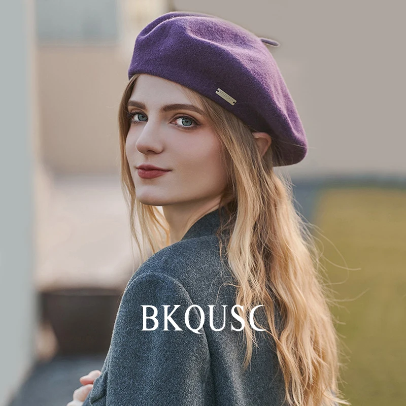 Women\'s Beret Purple Wool Hats 55-58cm Female Fashion Casual Wool Berets Winter Warm Solid Color French Artist Painter Hat