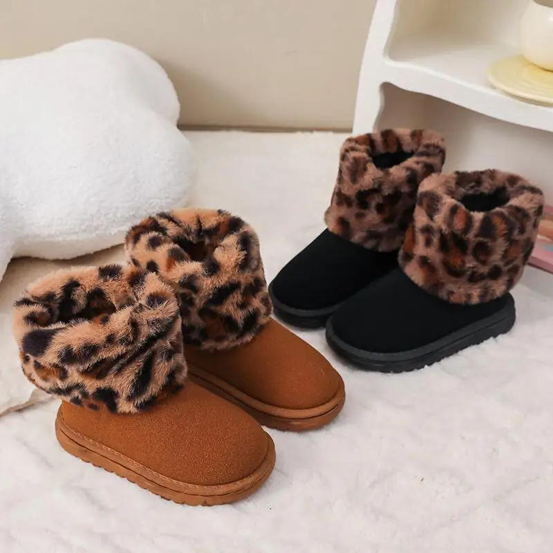 

Зимние ботильоны с леопардовым принтом для девочек, осенняя утепленная хлопковая обувь на флисовой подкладке, детская теплая модная новая повседневная обувь Kawaii
