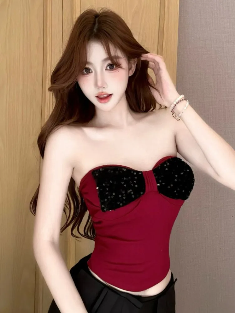 

Pure Desire Spicy Girl Design Sequin Tube Top Vest Women Summer Dopaamine One Shoulder Slim Fit Short Base Shirt Citywalk