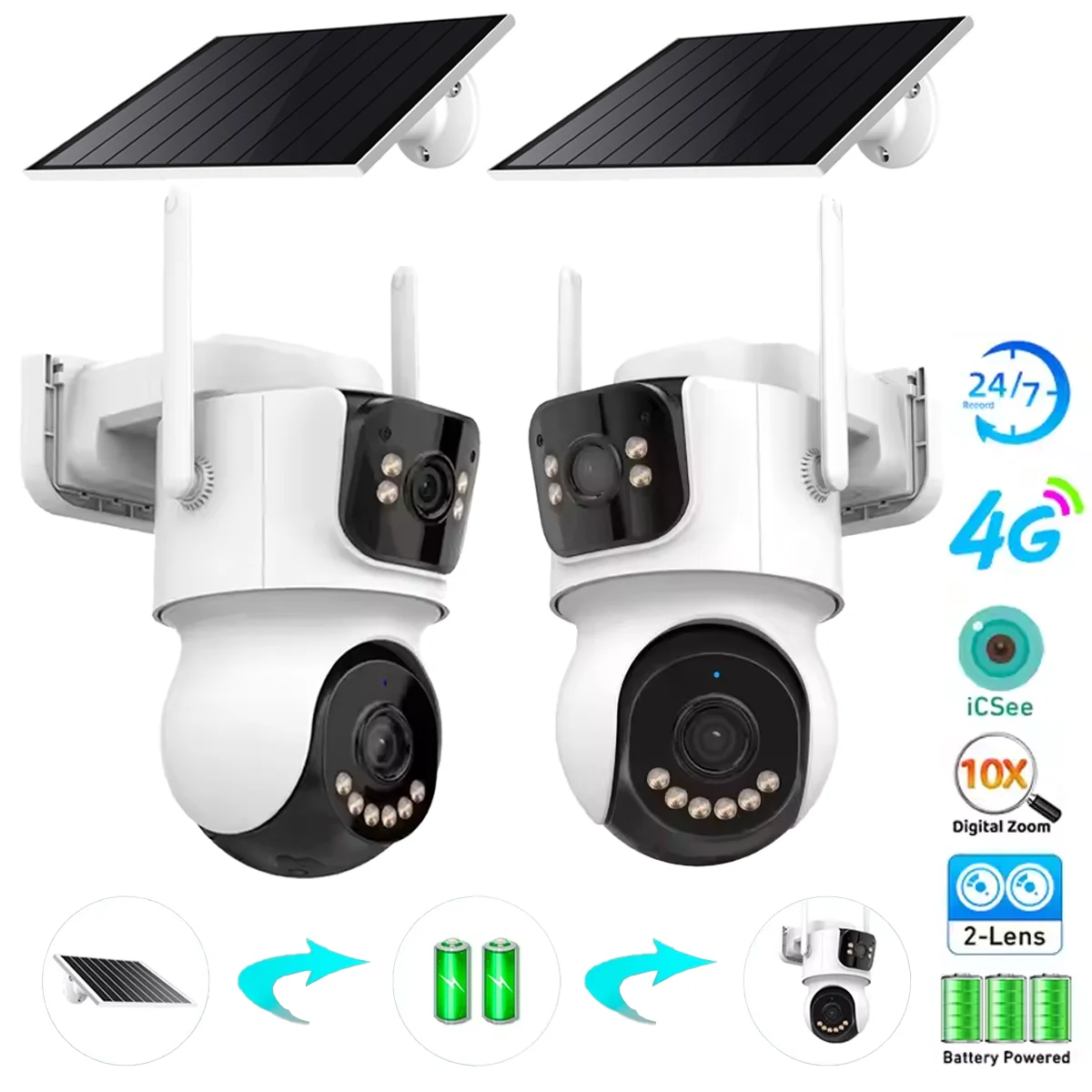 

4G Dual Camera Solar Security: 4MP HD, AI Motion Filter, 10,000mAh, 355° PTZ, Pre-Installed SIM, IP66 Cloud/TF Storage