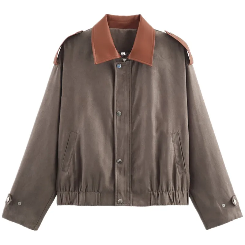 Jesienno-zimowy luźny płaszcz zamszowy w blokach kolorów, damski, casualowy, długi, zapinany na guziki, uniwersalny, modny płaszcz wierzchni.