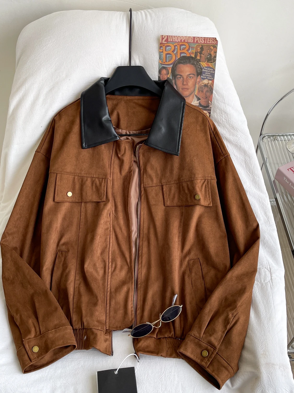 

Корейский свободный крой из кожи оленя, бархатный тюнер, женский осенний 202, утягивающее цветное пальто с воротником-стойкой, повседневная одежда