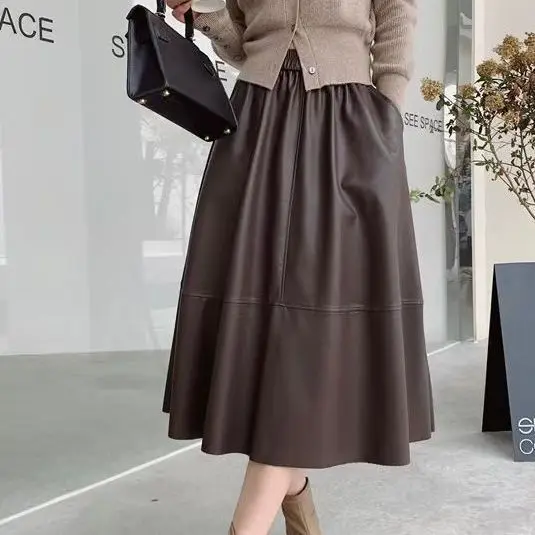 

Sheepskin Skirt Women's High Waist Slim Mid length Genuine Leather Skirt Autumn New Versatile A-line Skirt Leather Umbrella