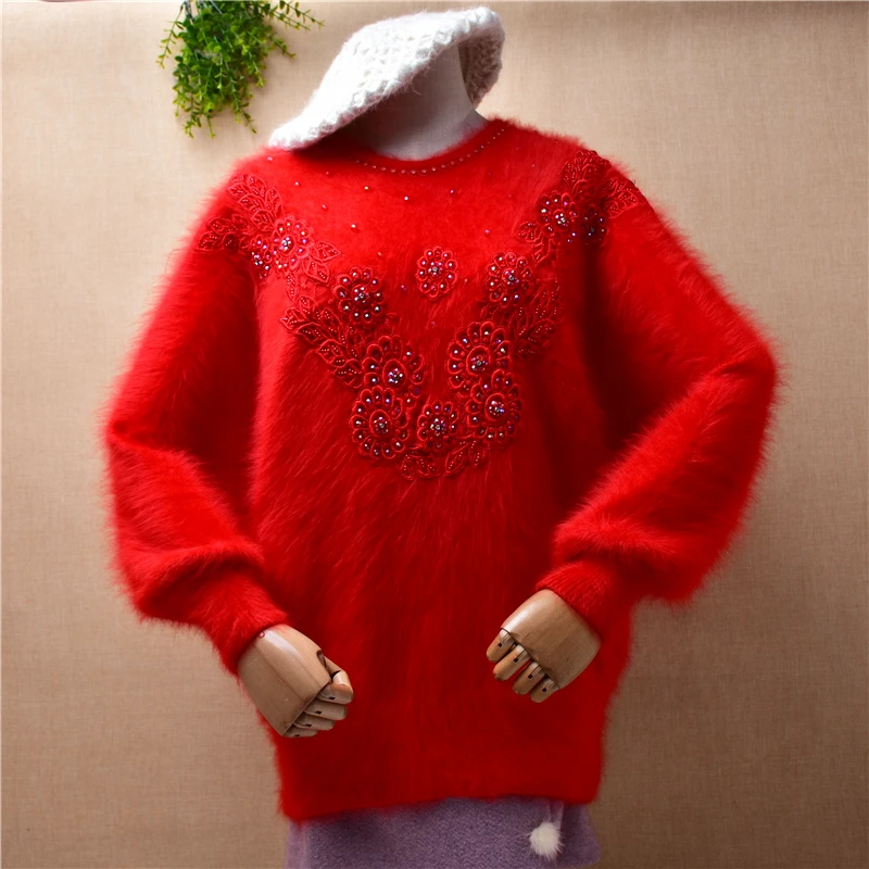 ladies women vintage red beading embroidery Angora Rabbit Hair knit o-neck long batwing sleeves loose pullover mink fur sweater