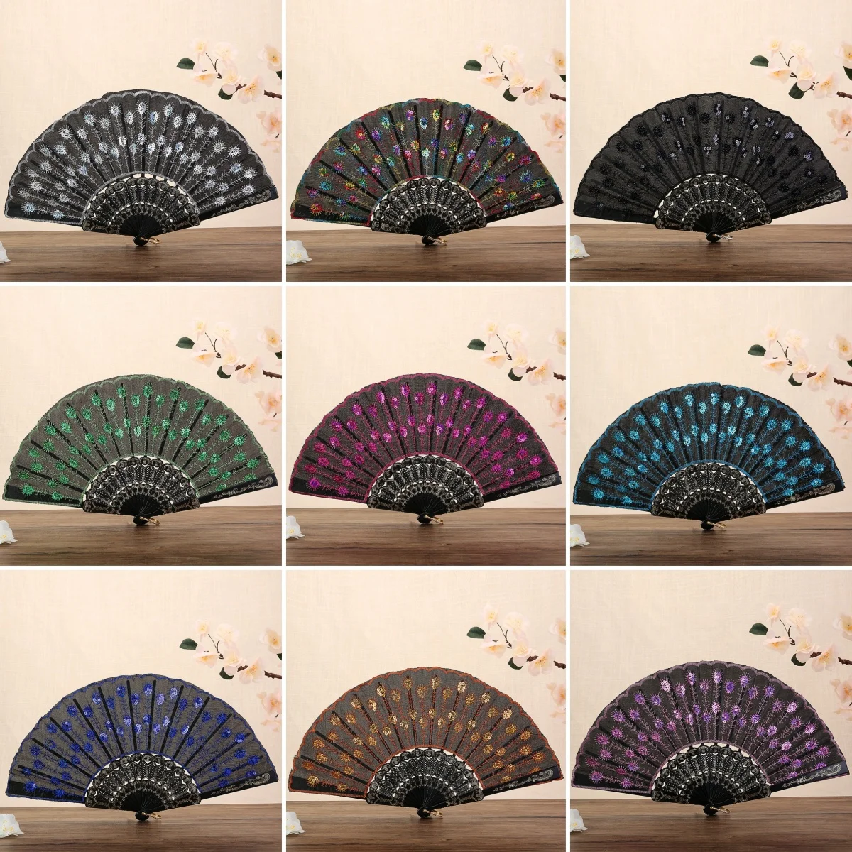 Black Color Sequin Hand Fans Crafts Folding Fold Hanfu Cheongsam Women'S Dance Decorative Fan Cosplay Flamenco Handheld Fan