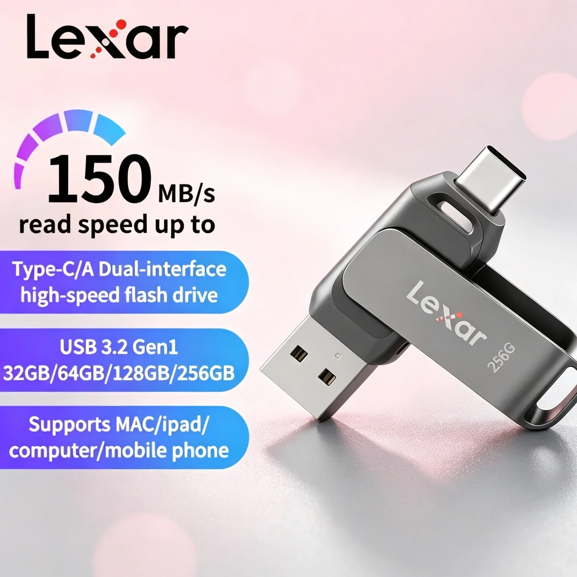 Lexar D400 USB 3.1 Type-C Flash Drive 130MB/s Metal Dual Port OTG USB Stick External Storage for Phone PC 32GB 64GB 128GB 256GB
