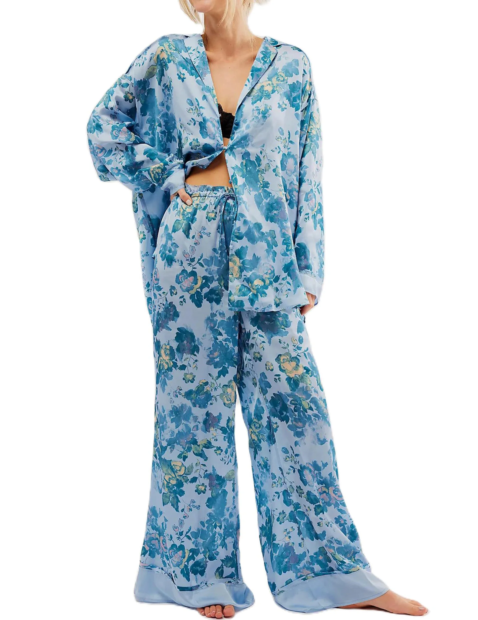 

Women Satin Pajama Set Button Down Shirts Wide Leg Pants Pjs 2 Piece Lounge Sets Sleepwear