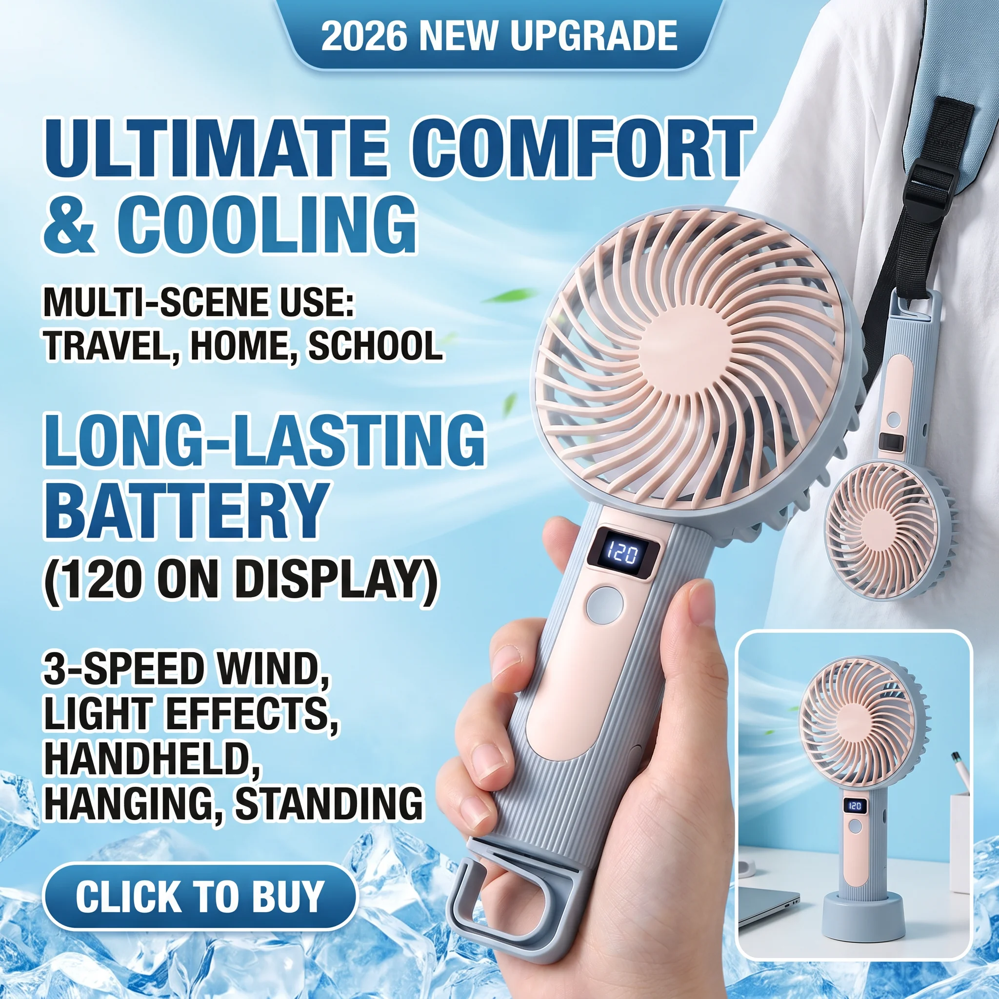 2026 New Upgrade Standing Fan Bladeless Electric Handheld Fans Portable Hand Fan USB Rechargeable Fan Outdoor Camping Office Des