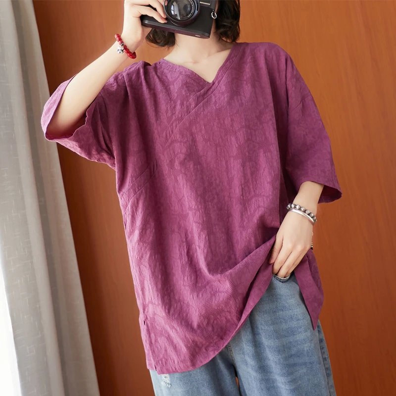 

Summer 2025 plus Size Women's Cotton Linen Embroidered Floral Print Top V-Neck Slimming T-Shirt Cover Belly Versatile Casual ...