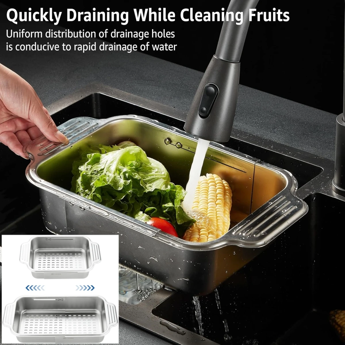 

Extendable Stainless Steel Drain Basket Above Sink,Colander for Sinks Fruit and Vegetable Dehydrator Kitchen Sink Washing Basket