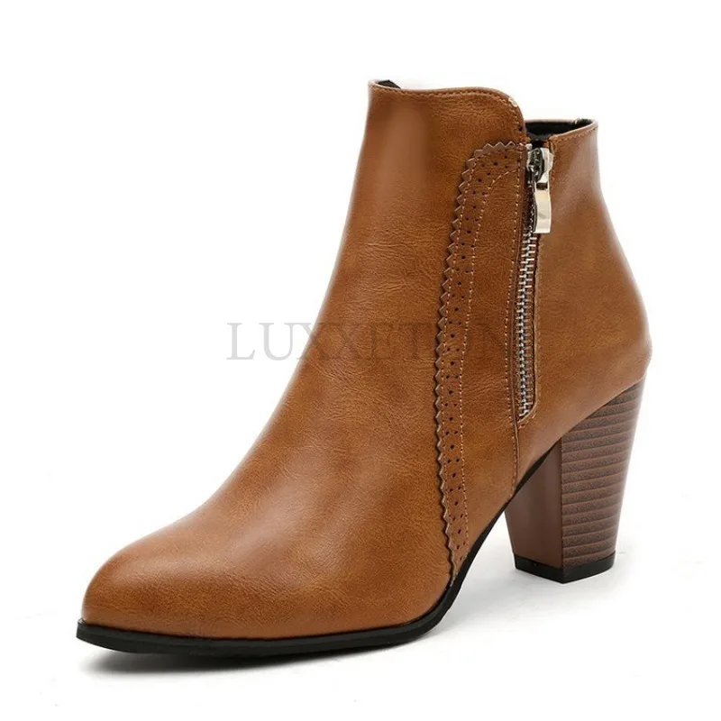 Women Short Boots Thick Heels High Heels Side Zippers Pointed Toe Low Cut Fashion Boots Casual and Fashionable Versatile