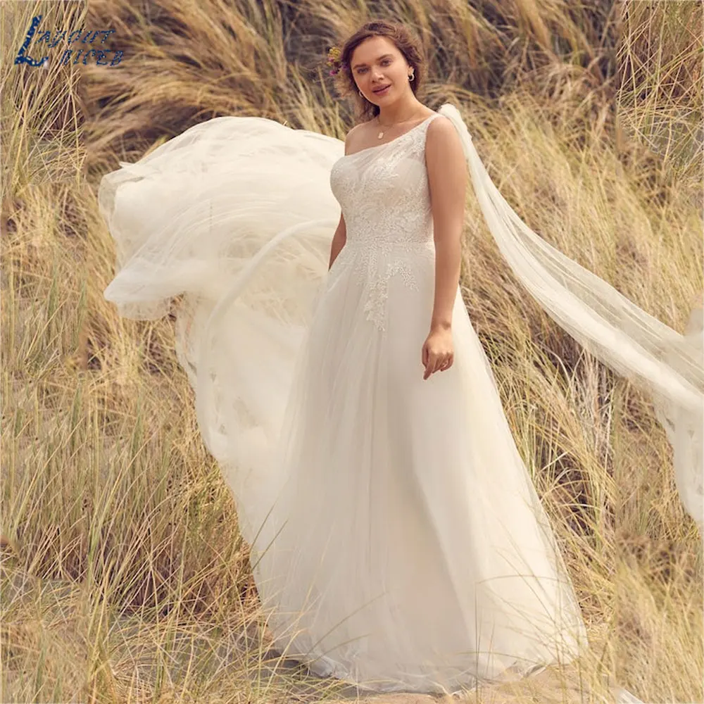 LAYOUT NICEB One Shoulder A-Line Tulle Trouwjurken Mouwloze Bruidsjurk zonder rug vestidos en oferta liquidación op maat gemaaktLAYOUT NICEB One Shoulder A-Line Tulle Trouwjurken Mouwloze Bruidsjurk zonder rug vestidos