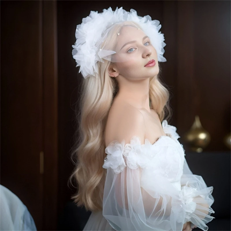 Nabijane ćwiekami obręcz do włosów kwiatowa chusta na głowę welon ślubny dla nowożeńców szalik nakrywający głowę biały