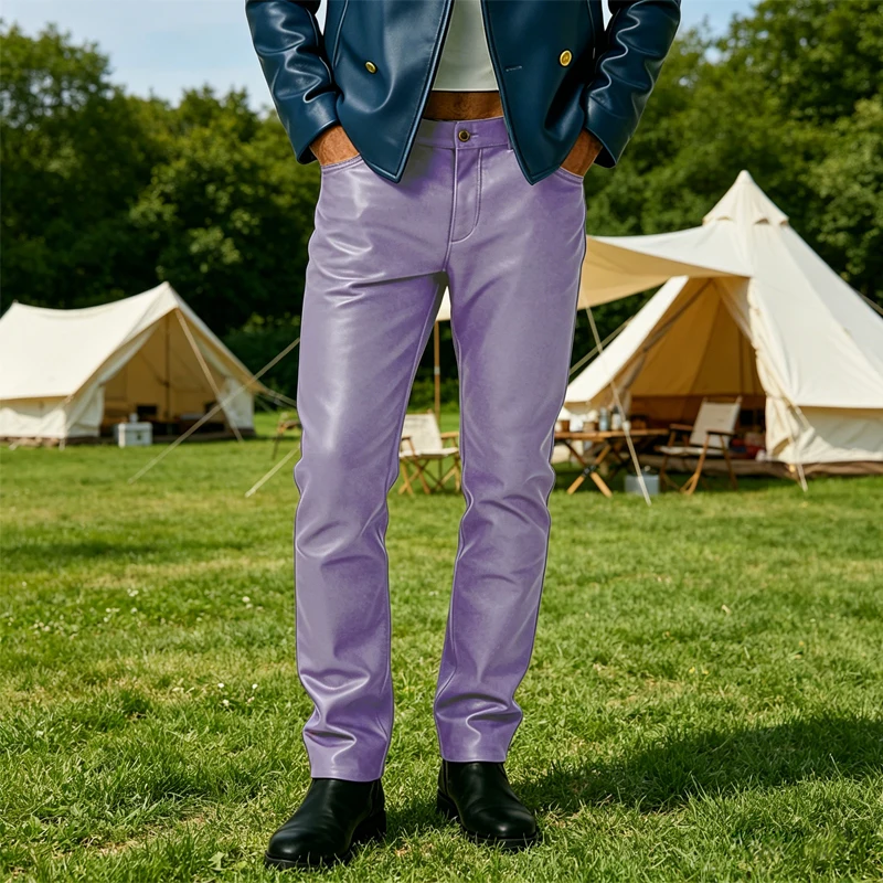 Men's PU Leather Pants Slim Fit Tapered Leg Stretch Biker Motorcycle Trousers Male Skinny Fit Casual Pants with Pocket