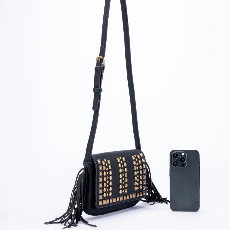 Y2k Spicy Girls Trend Rivet Crossbody Bag Retro Side Long Tassel Women's Shoulder Bag Solid Color Motorcycle Soft Handbag Purses