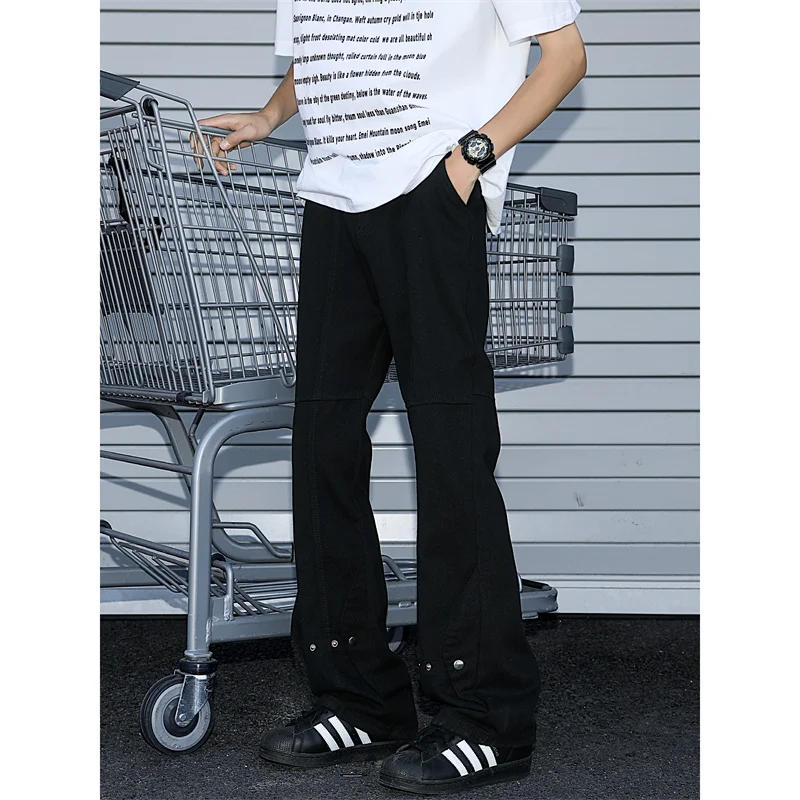 2024 Summer Men's Casual Pants Button Spliced Micro Horn Straight Leg Pants High Street Handsome Woodcutting Pants