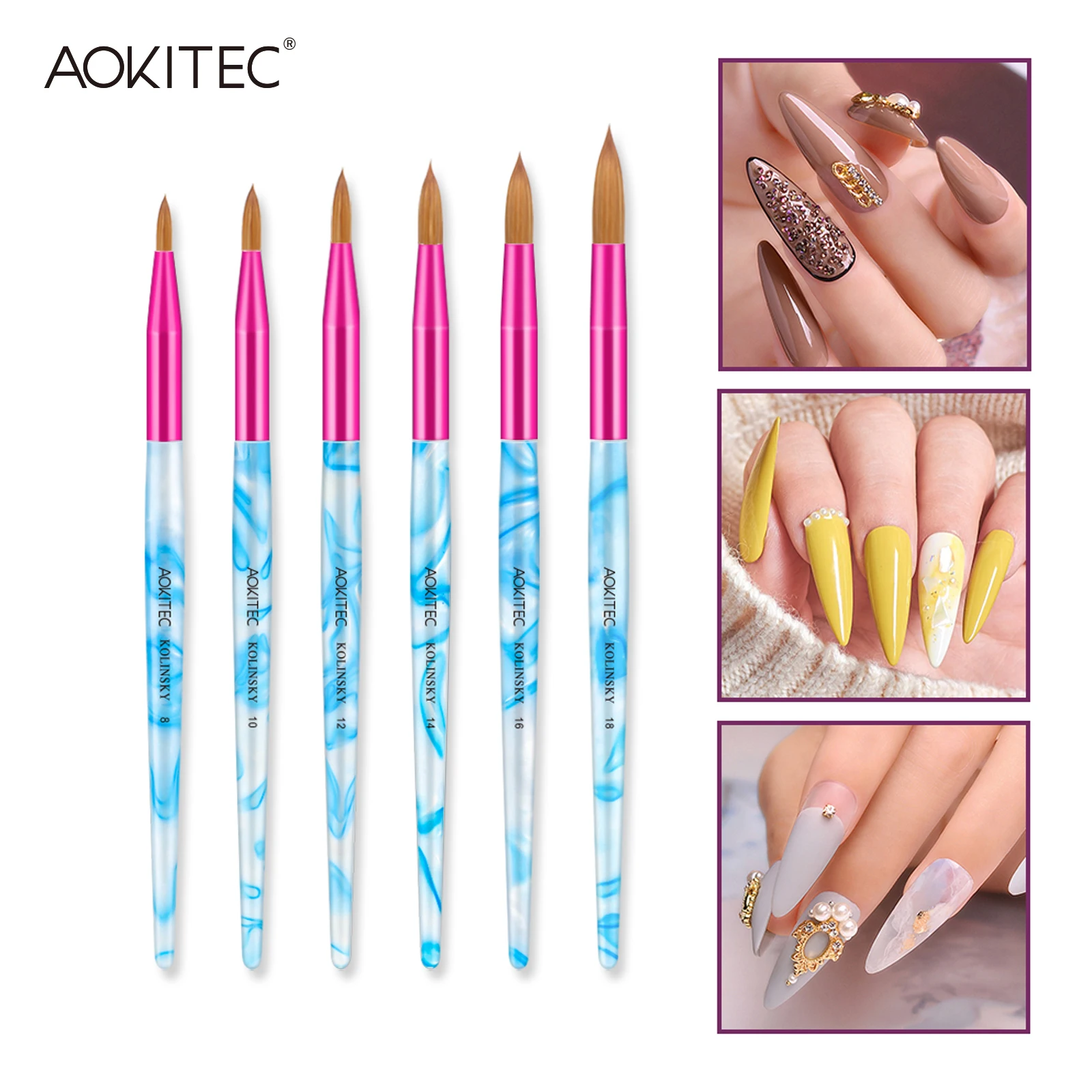 Aokitec Kolinsky Hair Acrylic Nail Brush White Swirl Blue Handle with Pink Ferrule Round Shaped Acrylic Powder Tool 6 Sizes