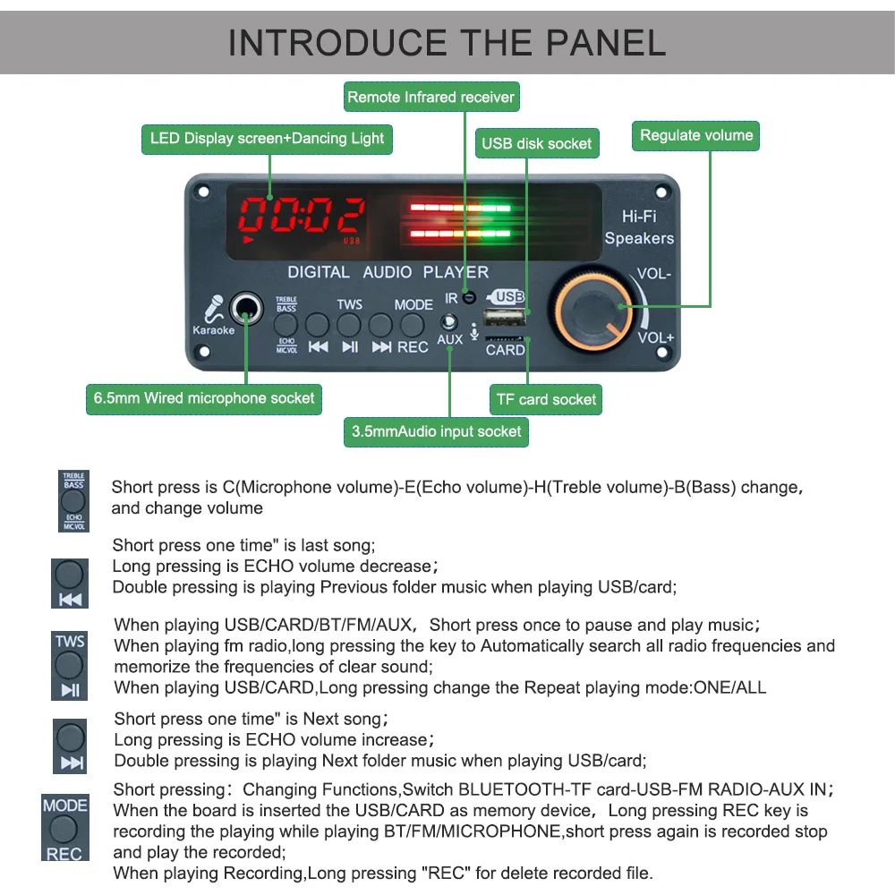 KEBIDU Bluetooth 5.3 MP3-Decoder-Board Auto TWS Kabelloser MP3-Player DC 12V DIY Home Audio Modul mit Mikrofon USB TF FM-Radio für Lautsprecher – Detail 6