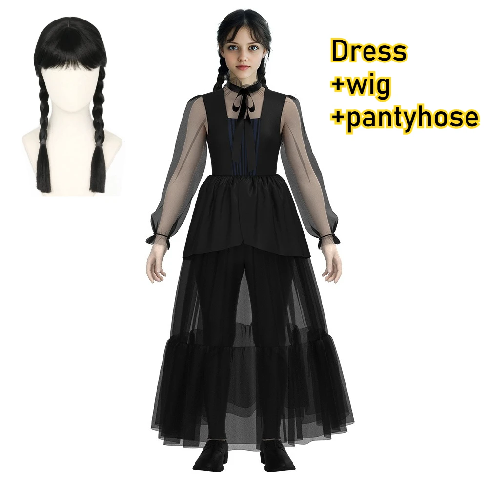 

Wednesday Costume Addams Cosplay Black Dress Christmas Tulle wig pantyhose Summer Halloween Fantasy Party Halloween Carnival