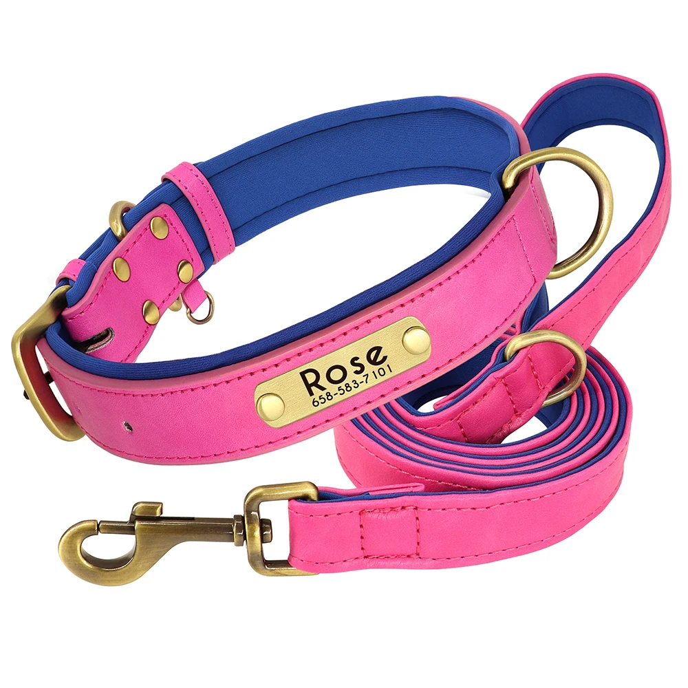 Personalisiertes Hundehalsband, Leine, PU-Leder, Hundehalsbänder, Haustierseil, gravierte Haustier-ID-Namenskette für kleine große Hunde, weich gepolstert – Detail 35