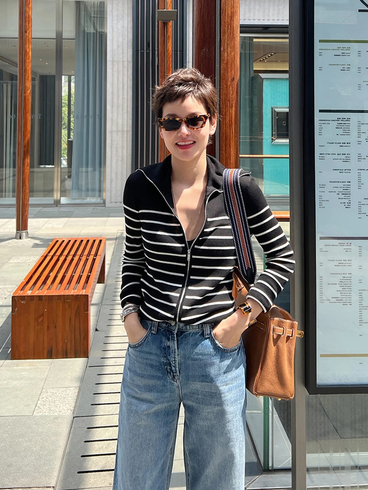 سستة تخفيف طويلة Sve سترة مشغولة من الصوف اللون بلو مخطط قاعدة irt عادية الكورية Sle المرأة Faion الخريف الأعلى