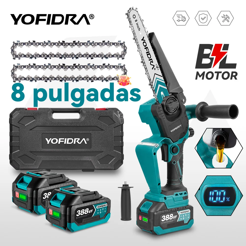 YOFIDRA-motosierra eléctrica sin escobillas de 4000W, 8 pulgadas, pantalla Digital, herramienta de corte de sierra de poda para carpintería, Pin de 