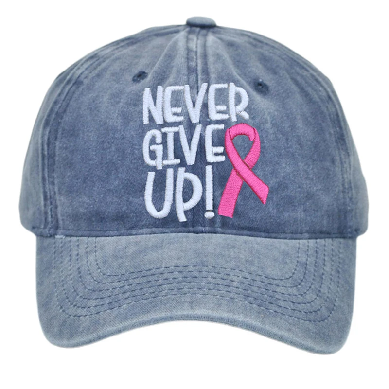 NEVER GIVE UP Gorra de béisbol de algodón lavada vintage ajustable Never Give Up Sombrero de cinta rosa para la concientización sobre el cáncer de mama Sombrero de papá unisex