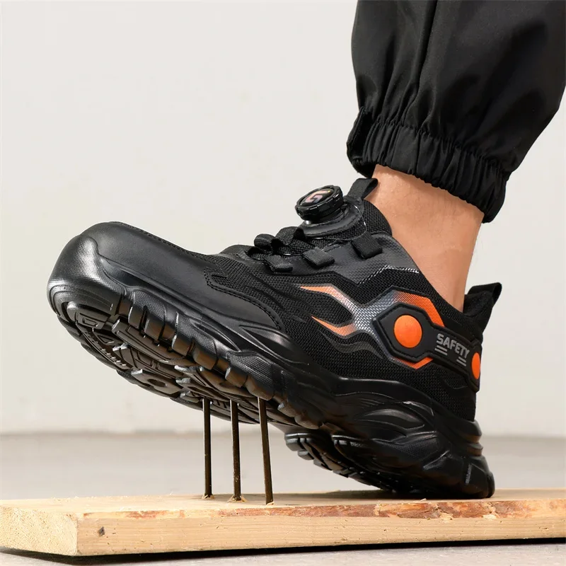 Men  Steel Toe Work Shoes Fashion Safety Shoes  Lightweight Rotating Button Anti-smash Protective Sneakers Work Safety Boots