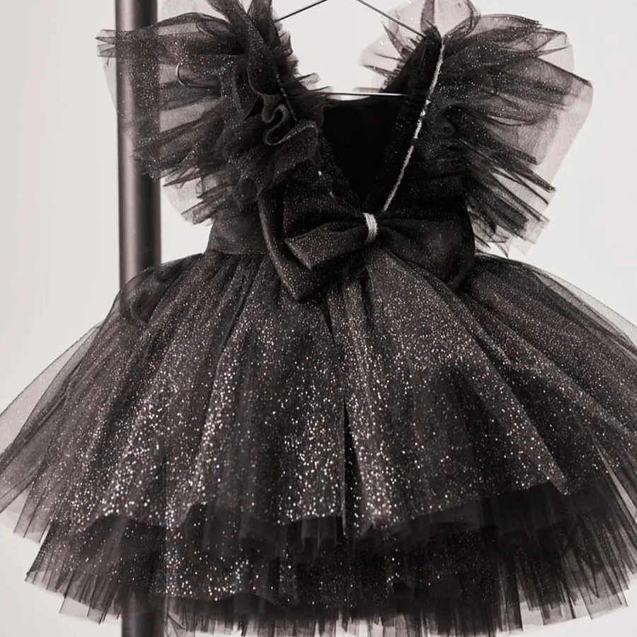 Robe à Fleurs Noire Brillante Personnalisée pour Fille, Tenue de Princesse en Dentelle, Courte, Pelucheuse, Plissée en Tulle, avec Nministériels d, pour ixd'Anniversaire, 2024