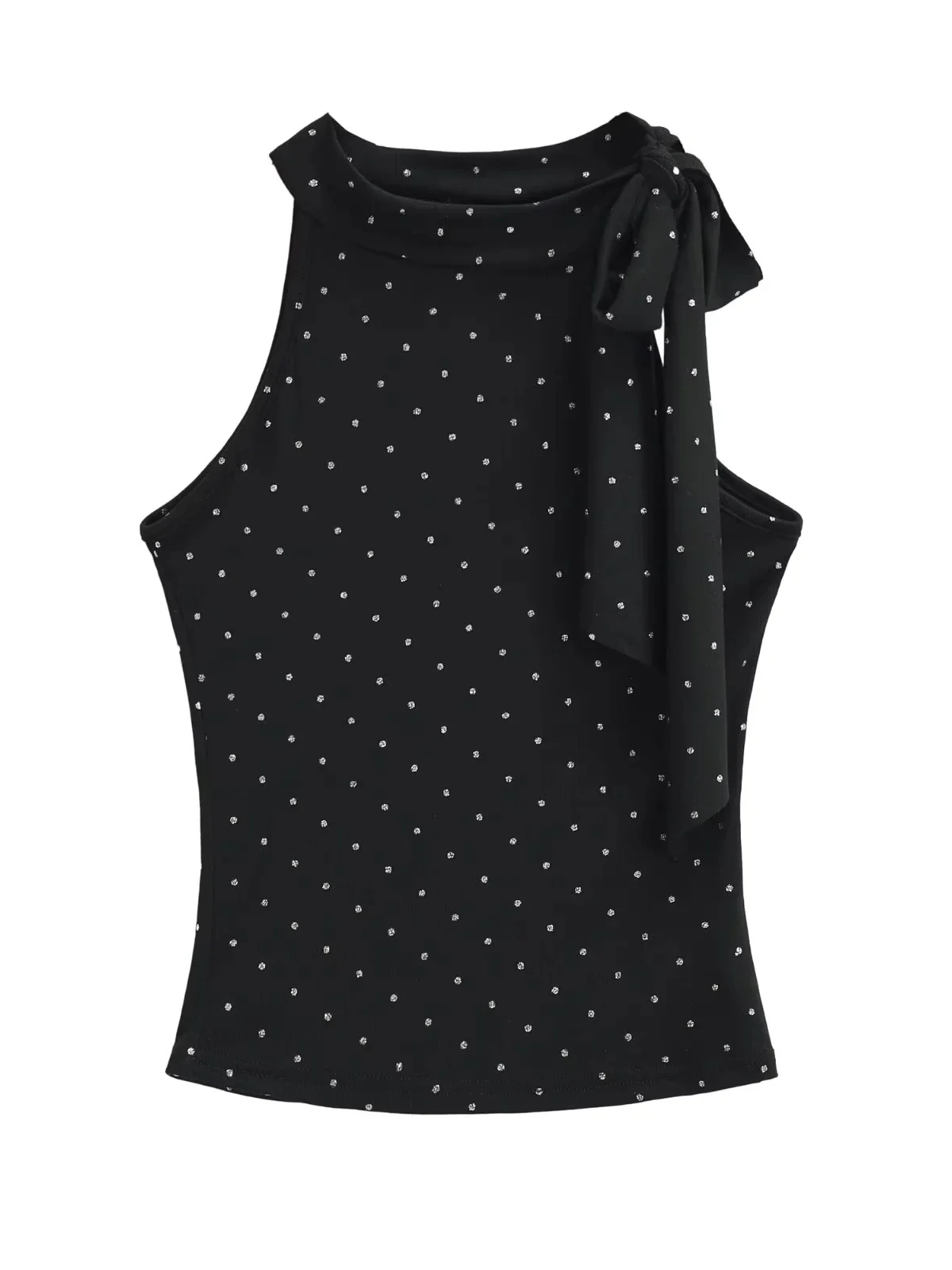 Silver Heat Transfer Polka Dot  Knot Waist Slim Vest Women Summer No Sleeve Tie Waist Curvy Fit Short Length Top view 5